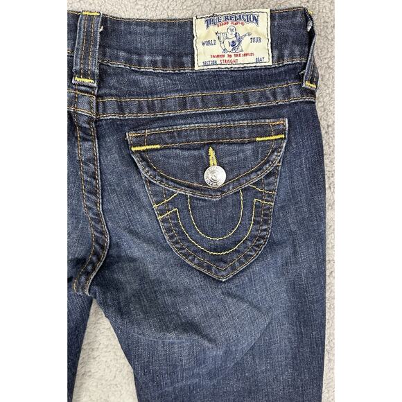 True Religion Jeans Womens 28 Straight Leg Dark Wash USA Yellow Stitch Flap Pkt - Picture 9 of 12